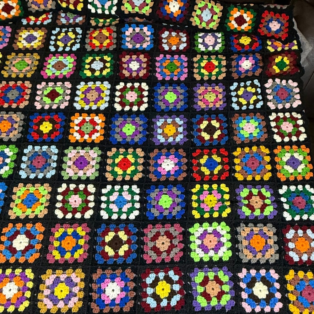 VTG Handmade Crochet Granny Square Blanket Throw 48x67 Multi-Color Black Trim